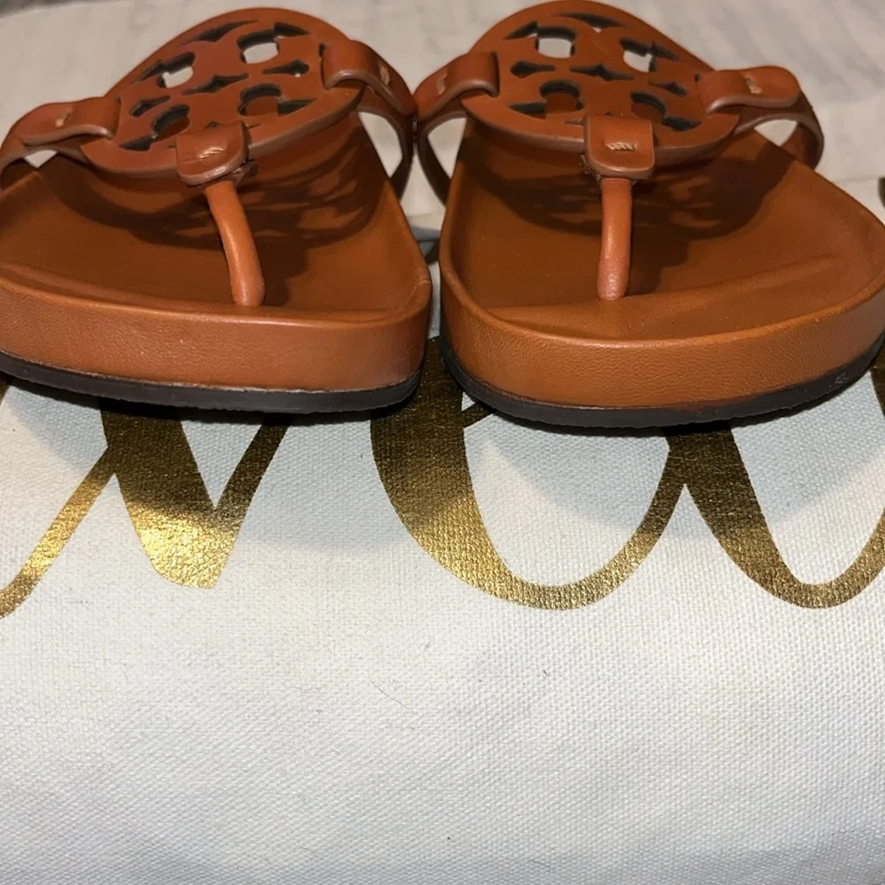 Tory Burch Cognac Leather Logo Toe-Post Sandals